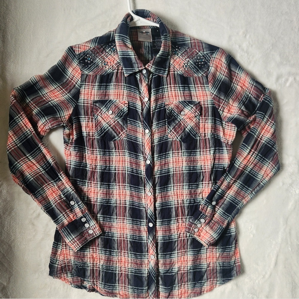 Harley Davidson Pearl Snap Shirt Womens Sz S Plaid Button Up Rhinestone Western
